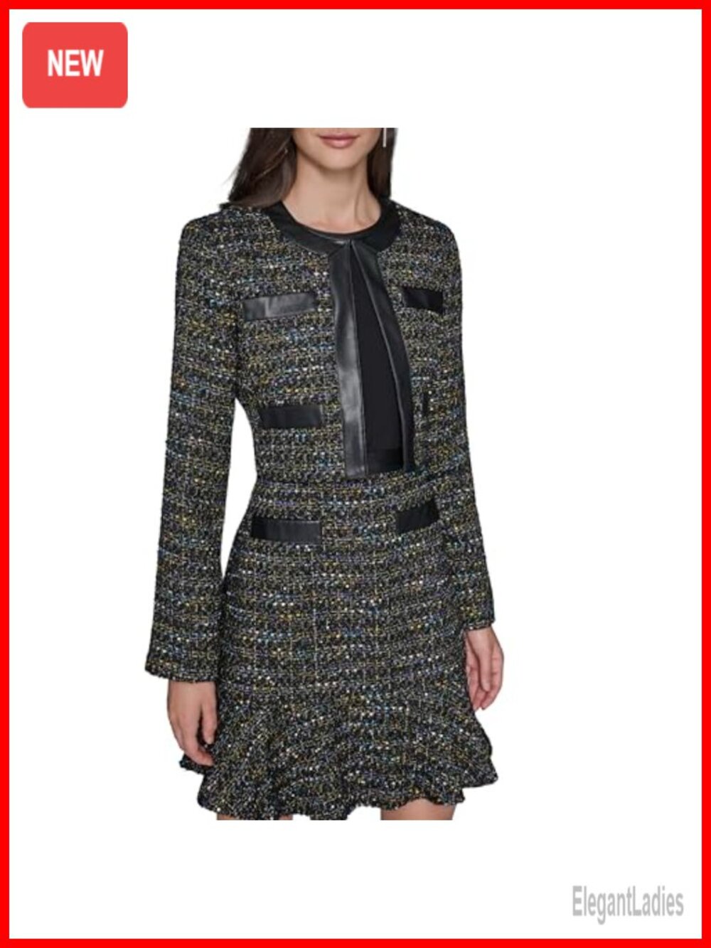 Womens Long Sleeve Embellished Tweed Cropped Blazer Jacket Workwear